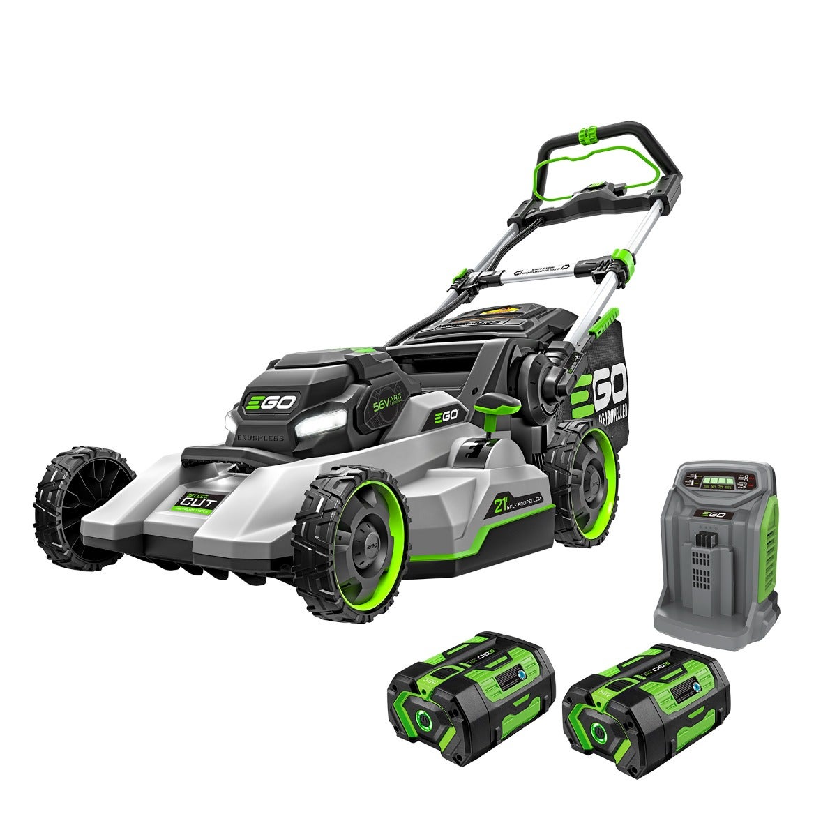 EGO LM2134SP-2 manufacturer kit render showing mower, two 6.0 Ah batteries and Rapid Charger; not independently photographed test hardware.