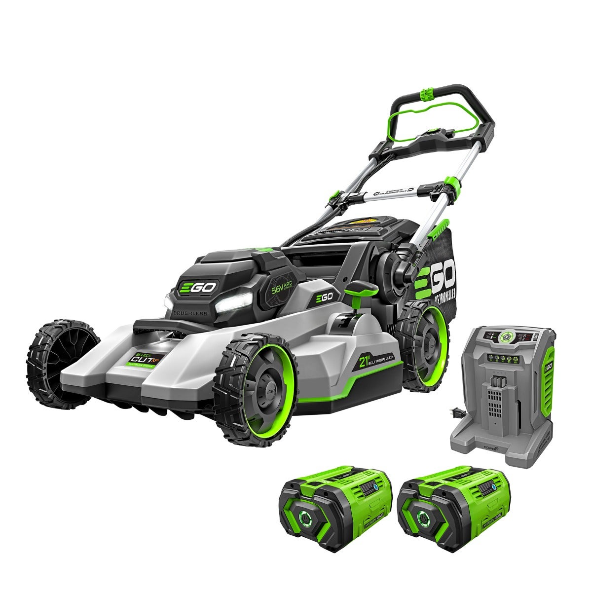 EGO LM2156SP-2 manufacturer kit render showing the mower, charger and two 10.0 Ah batteries.