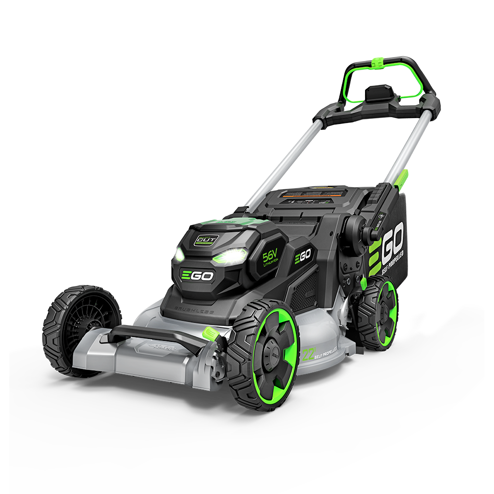 EGO LM2200SP 22-inch cast-aluminum self-propelled mower body in manufacturer rendering; batteries and charger are not pictured.