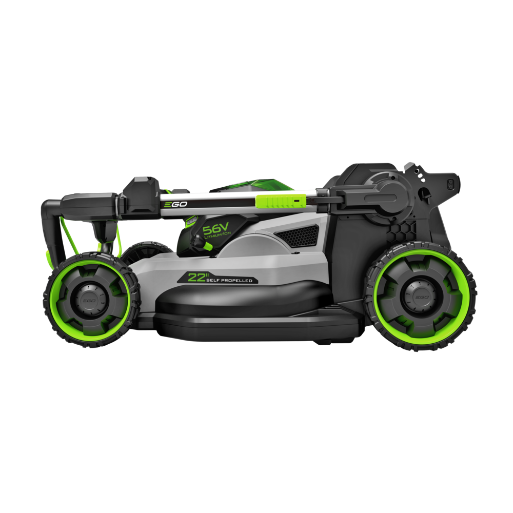 EGO LM2236SP Super Composite 22-inch self-propelled mower folded for storage; manufacturer render.