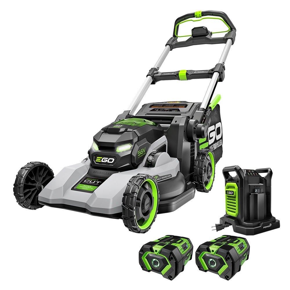 EGO LM2244SP-2 kit render with mower, two 6.0 Ah batteries and dual-port charger.