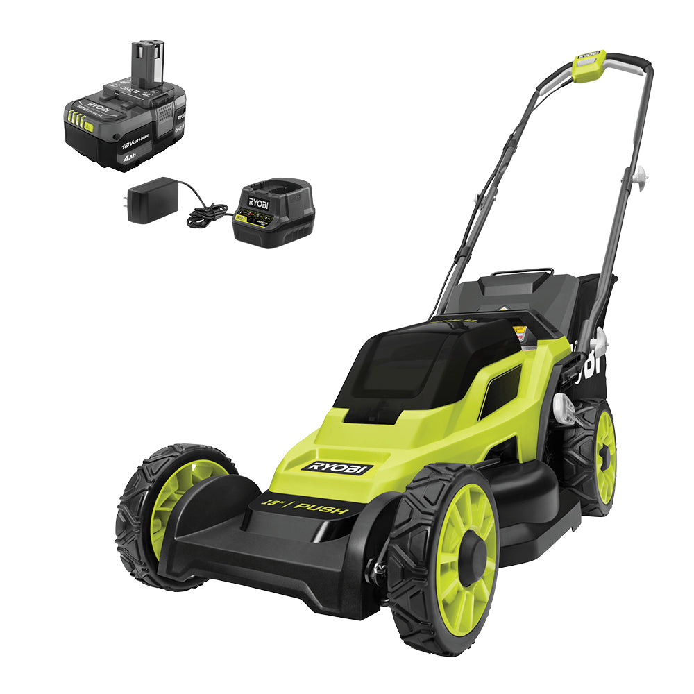 RYOBI P1180 18V ONE+ 13-inch push mower kit (one 4Ah battery and charger). The exact P1180 product-page render shows the mower with one battery and charger, matching its kit description; the image is a manufacturer rendering, not test photography.