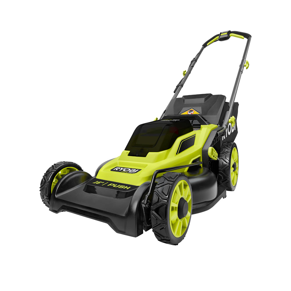 RYOBI exact P1190 16-inch mower-body manufacturer rendering; its page lists a two-pack kit and one charger, but the exact charger model is unresolved and package contents are not depicted.