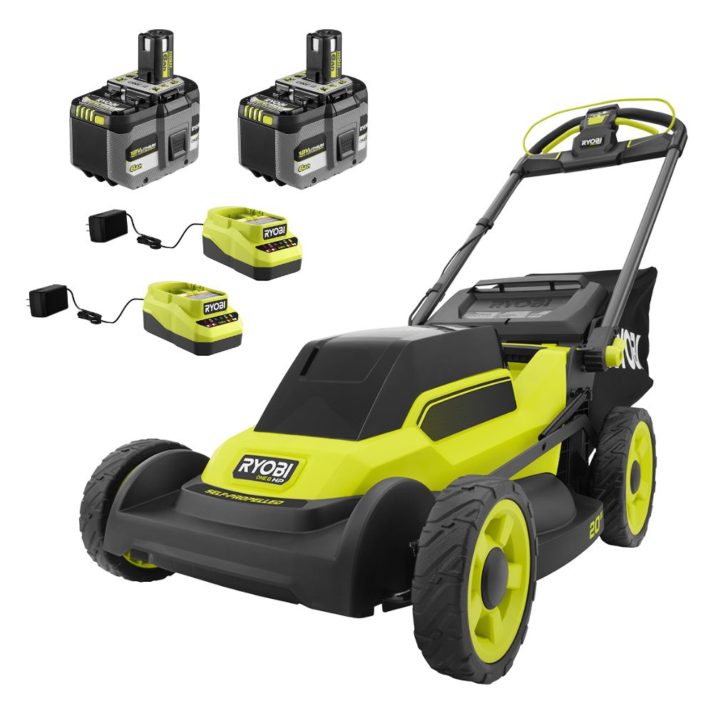 RYOBI PBLLM05K2 20-inch self-propelled mower kit rendering with two 18V battery packs and two chargers; exact component model codes are not identified.