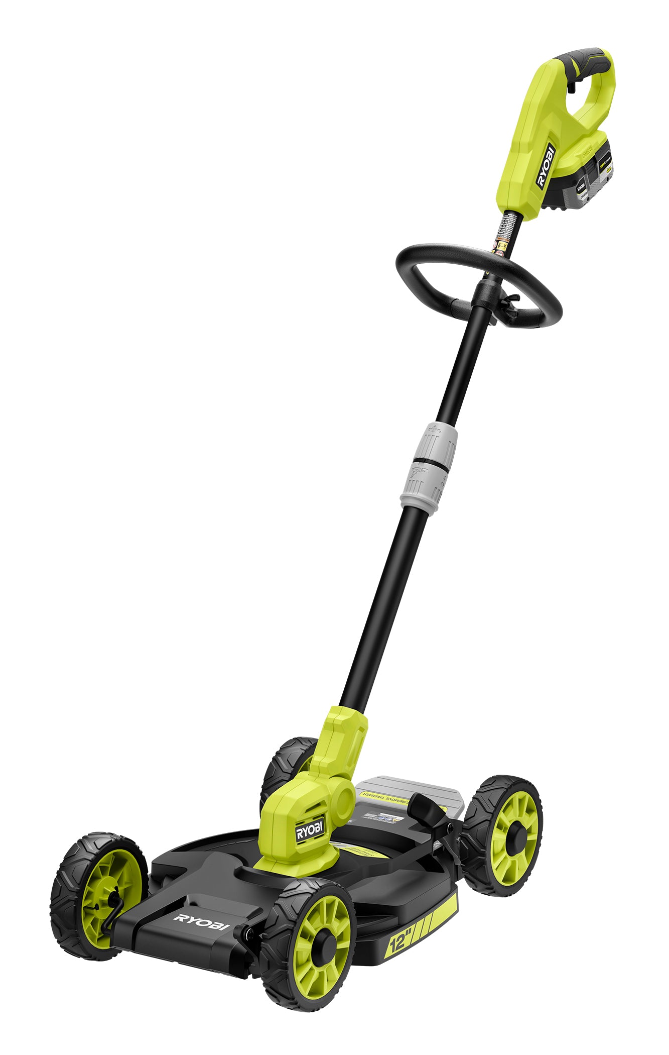 RYOBI PCLST05K 18V 3-in-1 line trimmer with detachable wheeled 12-inch mower deck and one installed battery, manufacturer rendering.