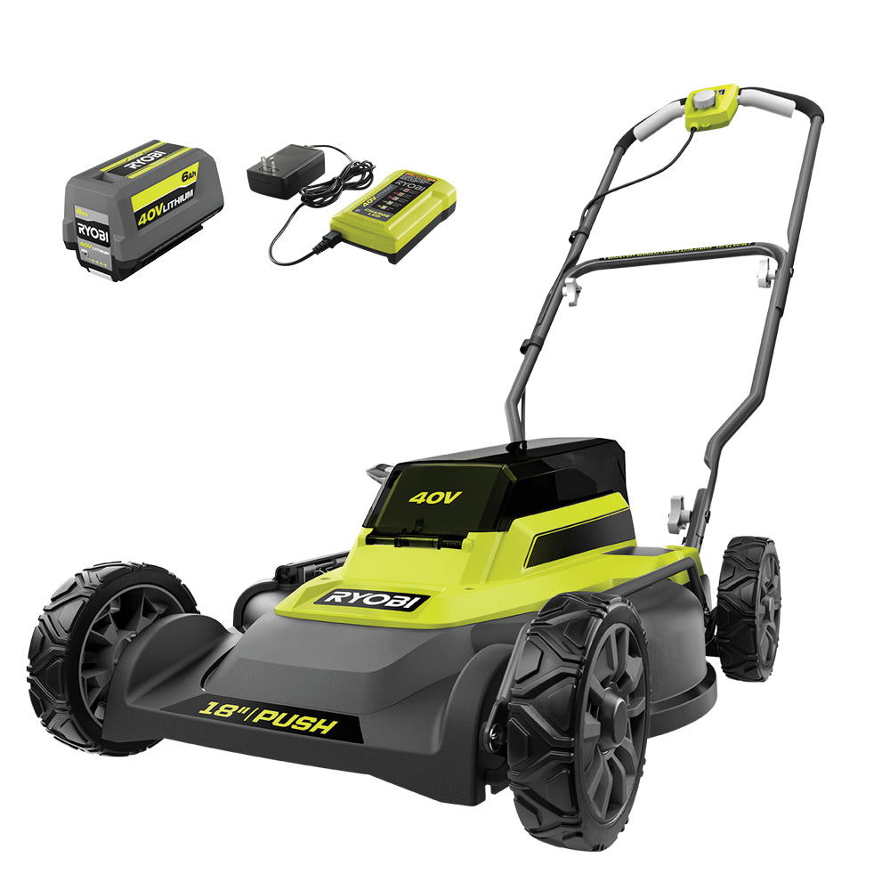 RYOBI RY401101 40V 18-inch mower kit manufacturer rendering showing the mower with one 6Ah battery and charger.