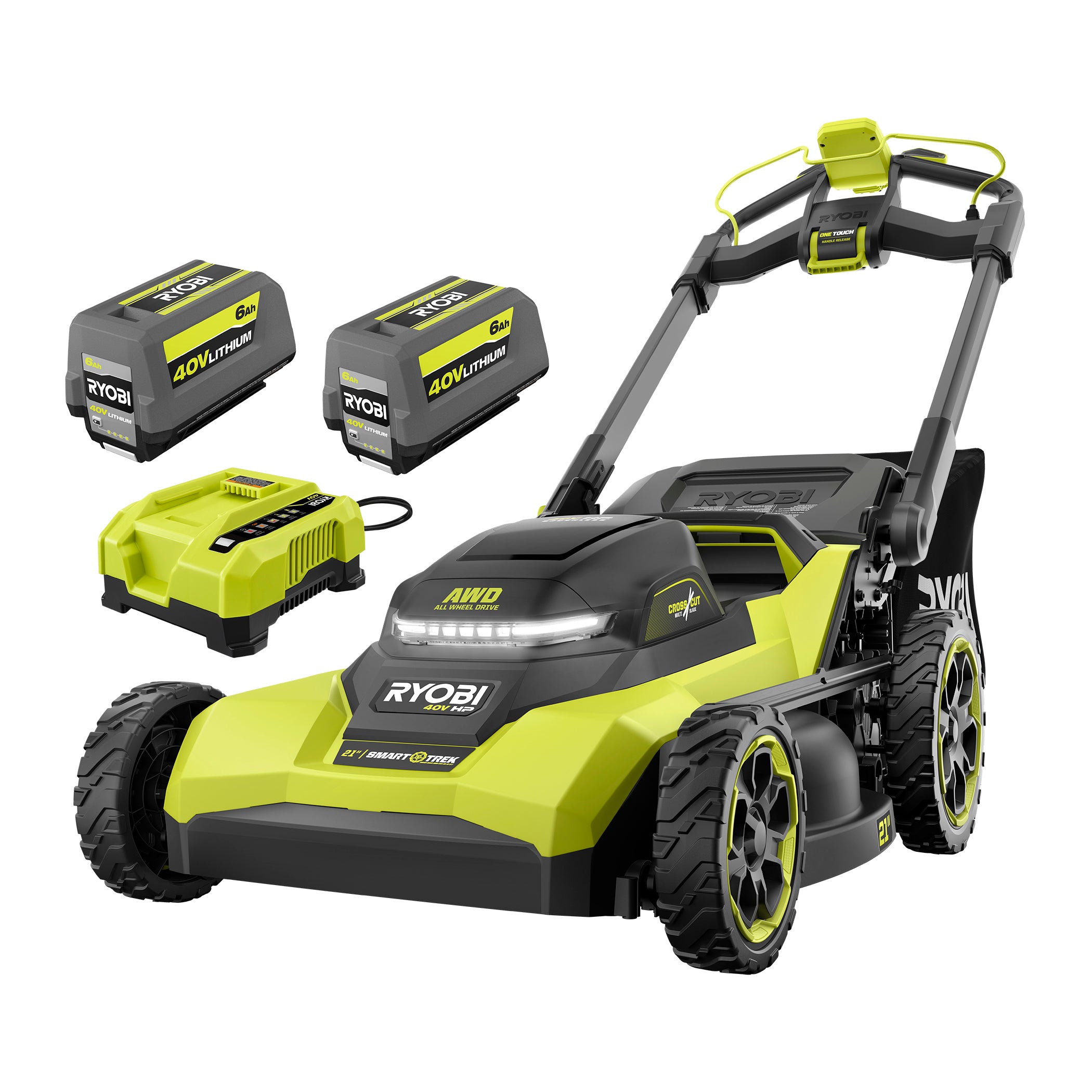 RYOBI RY40HPLM03K2 CrossCut multi-blade self-propelled 21-inch mower manufacturer rendering; package contents are described only to the extent visible and verified on the exact product page.