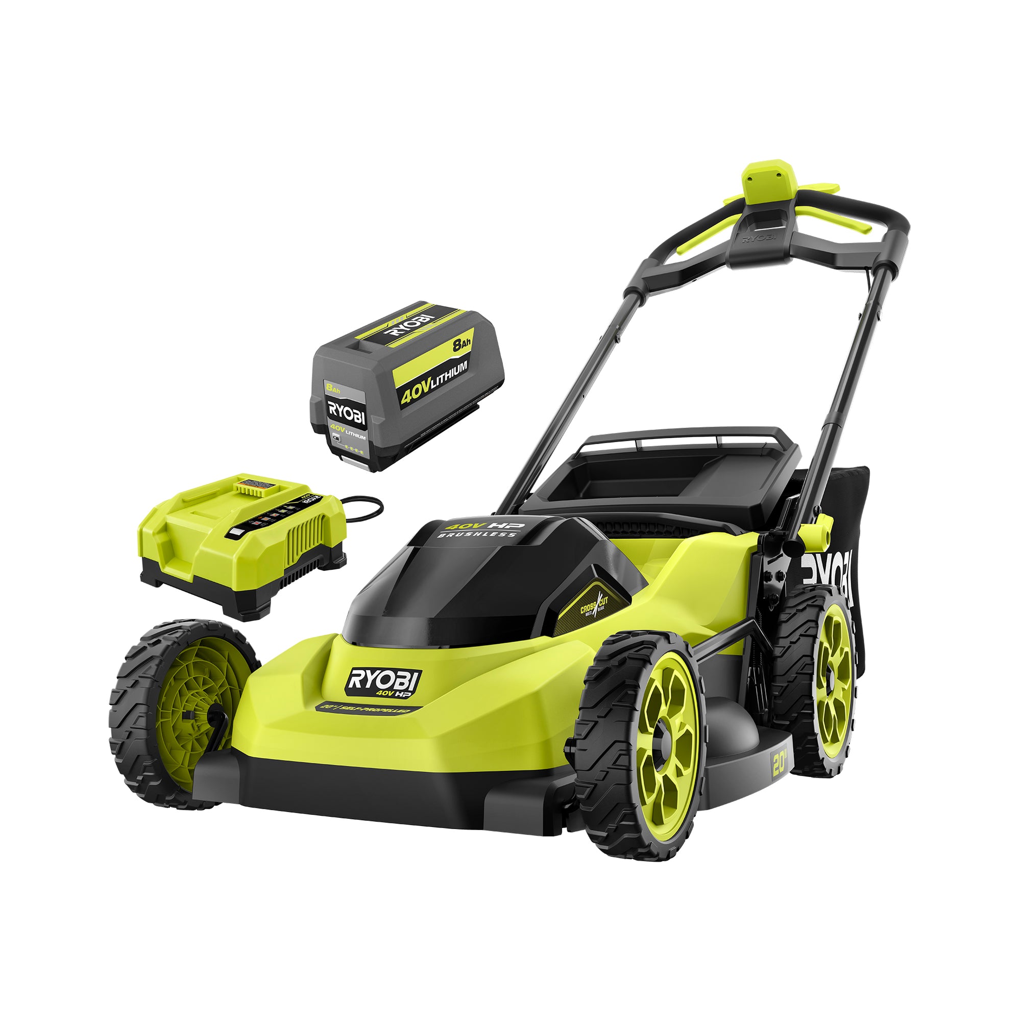RYOBI manufacturer configuration rendering for the 20-inch CrossCut kit; the visible image shows the mower, 8 Ah battery and charger. It is product art, not test photography.