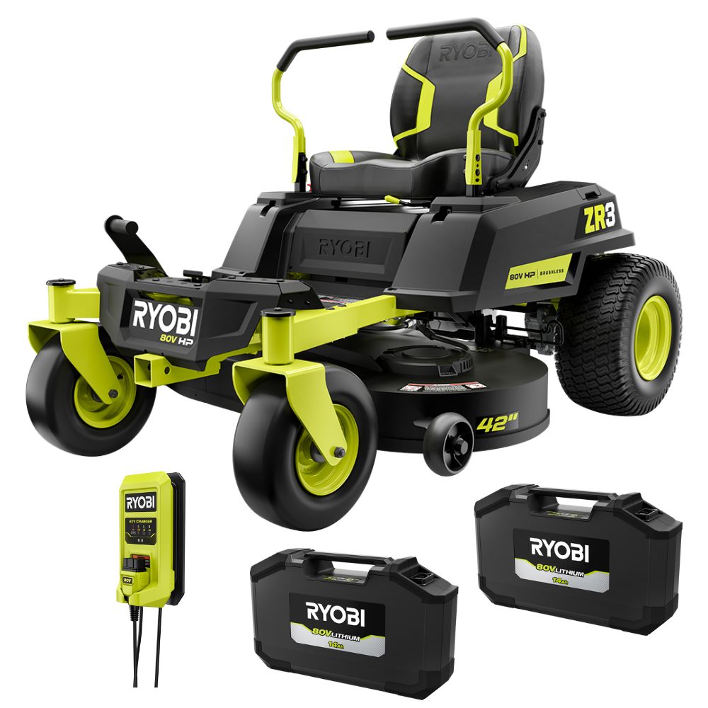 RYOBI ZR3 42-inch lap-bar zero-turn 80V mower shown as manufacturer product rendering; two batteries and charger are shown in the kit composition.