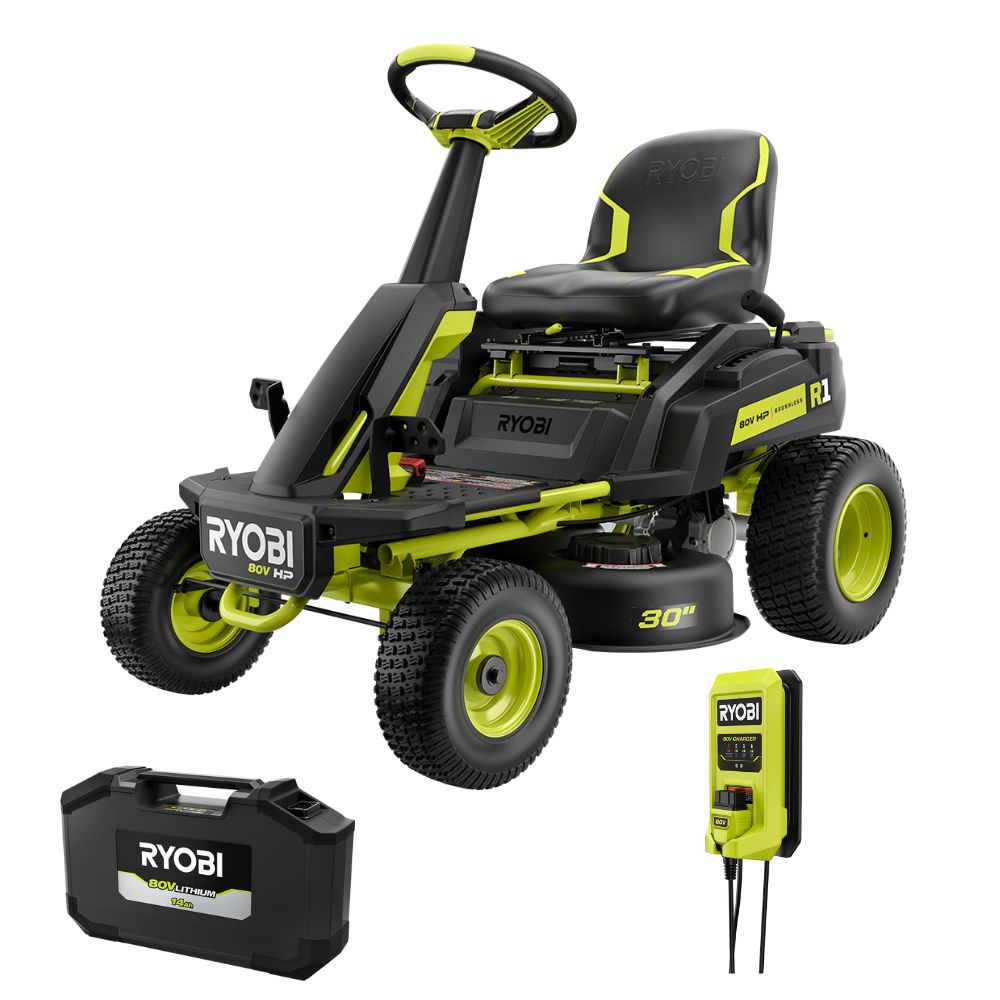 RYOBI R1 30-inch tractor-style 80V rider shown as manufacturer product rendering; one 14Ah battery and charger also depicted in the kit composition.