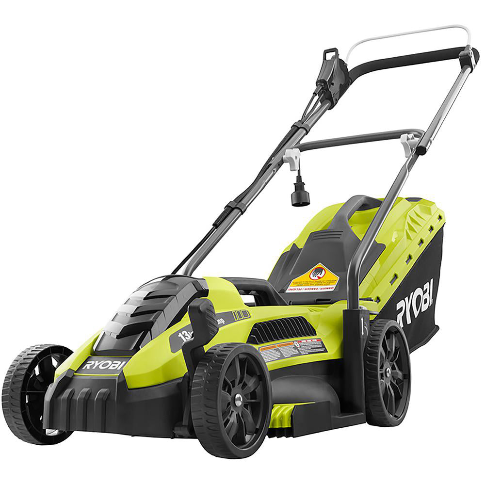 RYOBI RYAC130-S corded 13-inch mower with rear grass catcher mounted and power lead visible at the handle; product-page image, photography/render status uncertain.