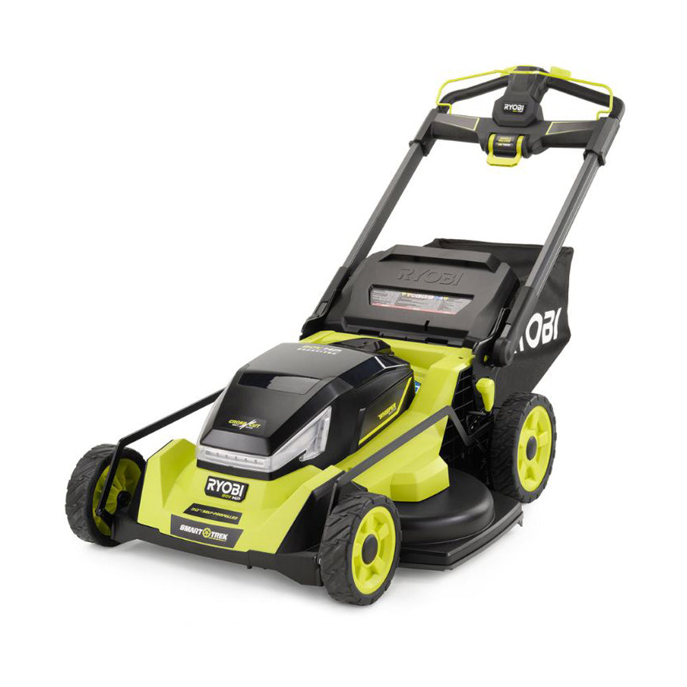 RYOBI RYPM8010 30-inch self-propelled walk-behind mower with rear grass catcher mounted; no battery or charger is pictured; manufacturer product image, photography/render status uncertain.