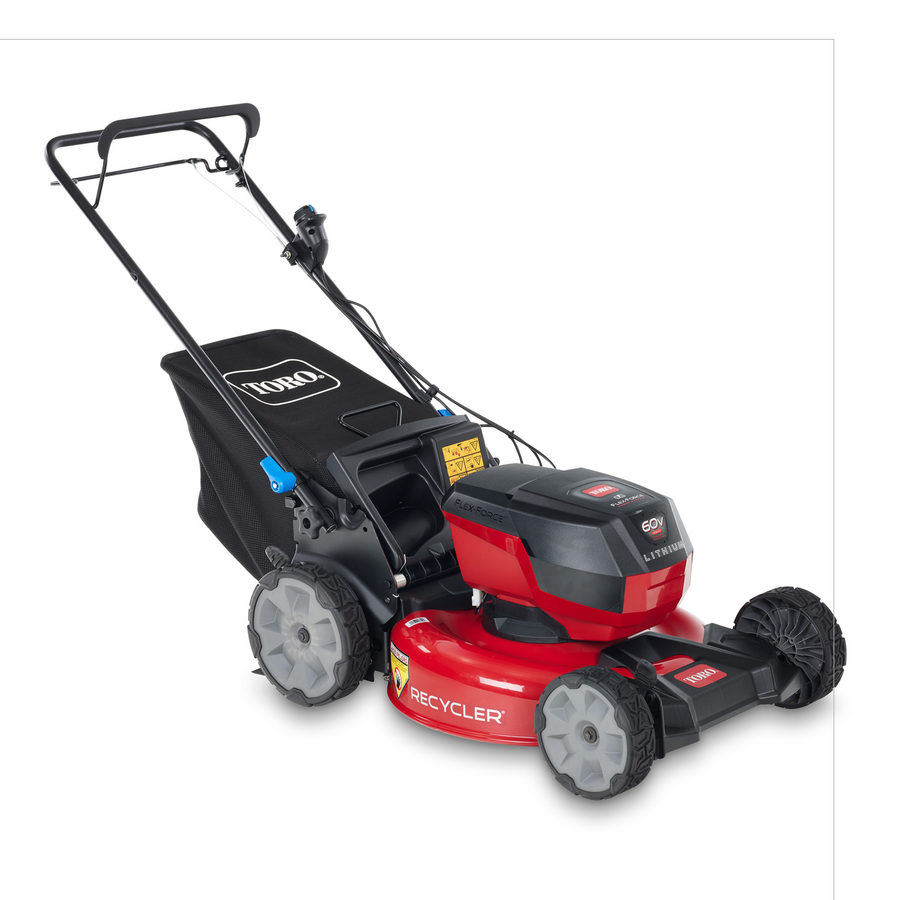 Toro 21-inch 60V Recycler push mower shown with battery installed in manufacturer rendering; verify exact model package contents.