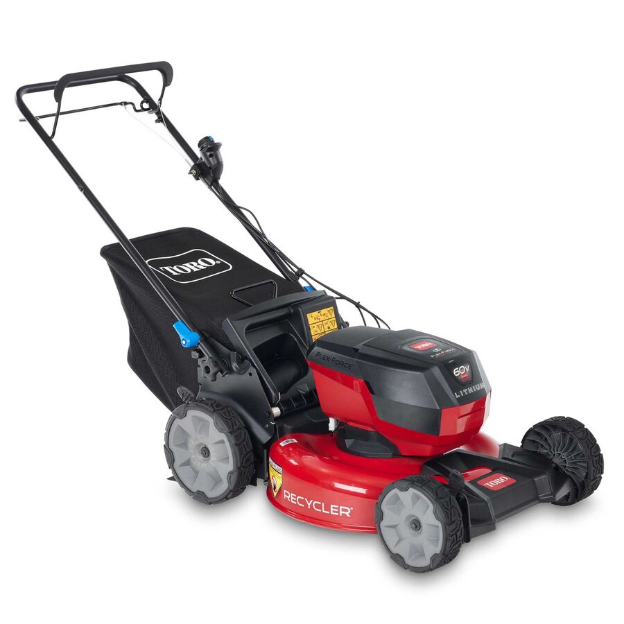 Toro 21327 21-inch Recycler mower with a 60V battery installed and grass bag fitted; manufacturer rendering, not test photography.